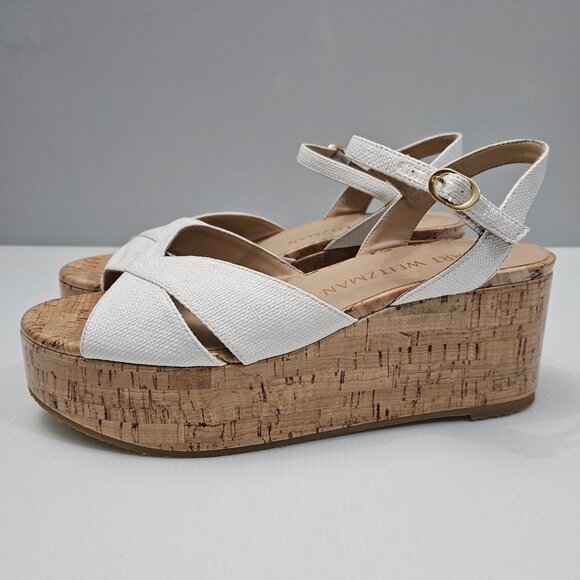 NEW Stuart Weitzman Carmen Midi Wedge Sz 9.5 Sandal Platform White Leather Cork - Picture 14 of 14